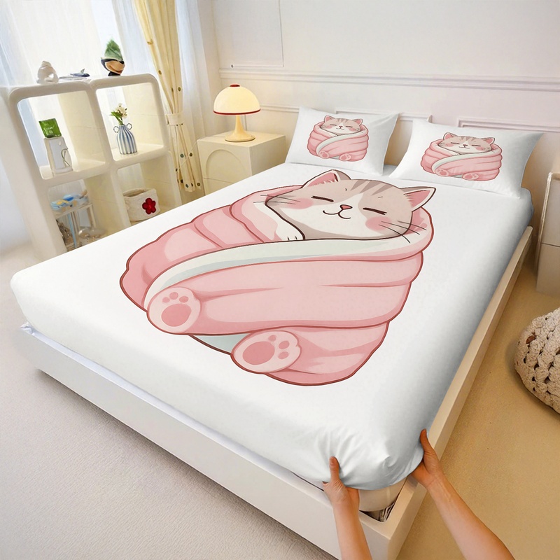 Cute Cat Print Fitted Sheet Se - đánh giá và giá Fitted Bed Sheets Deep Pocket